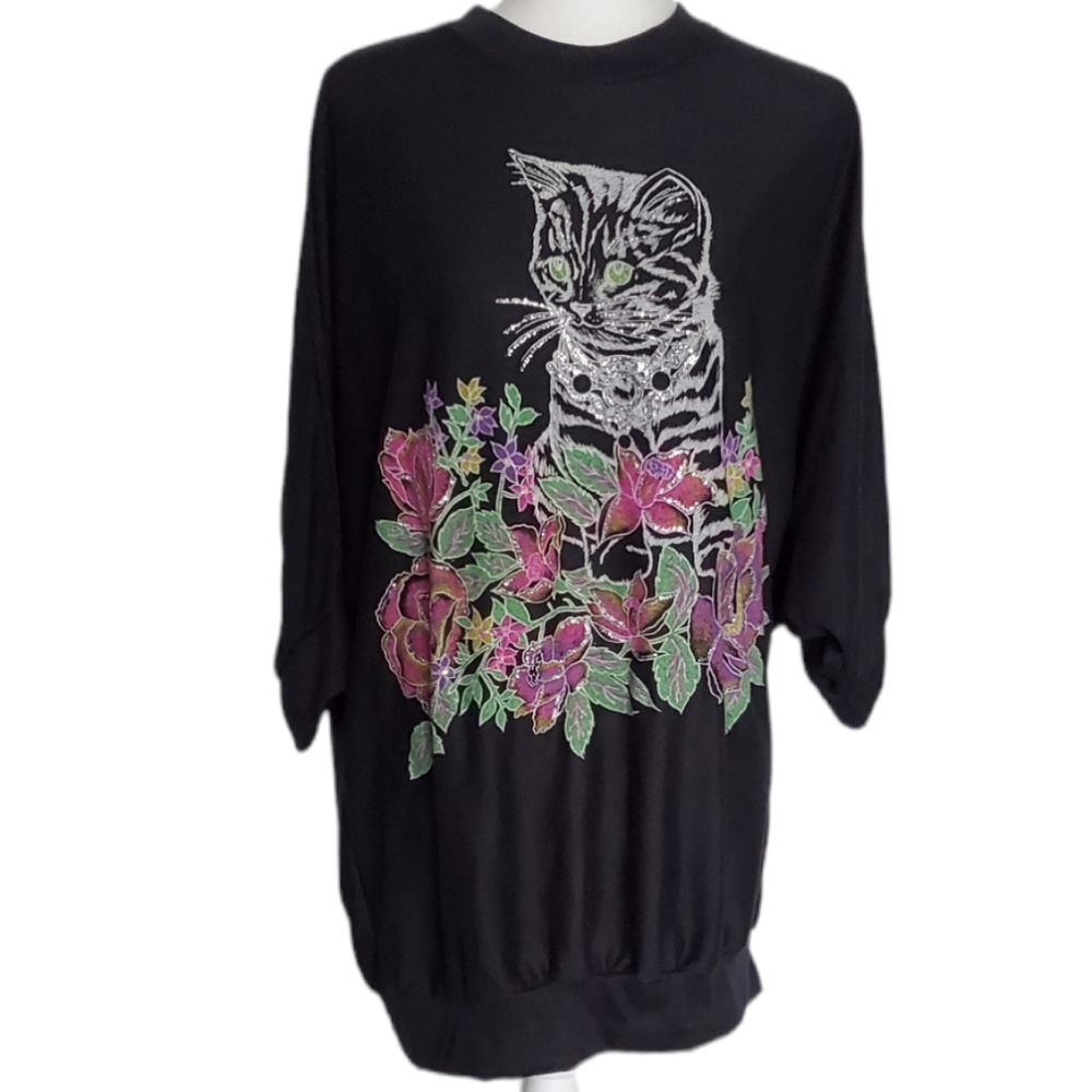 Vintage Sparkly Glitter Print Batwing Cat Top - xL